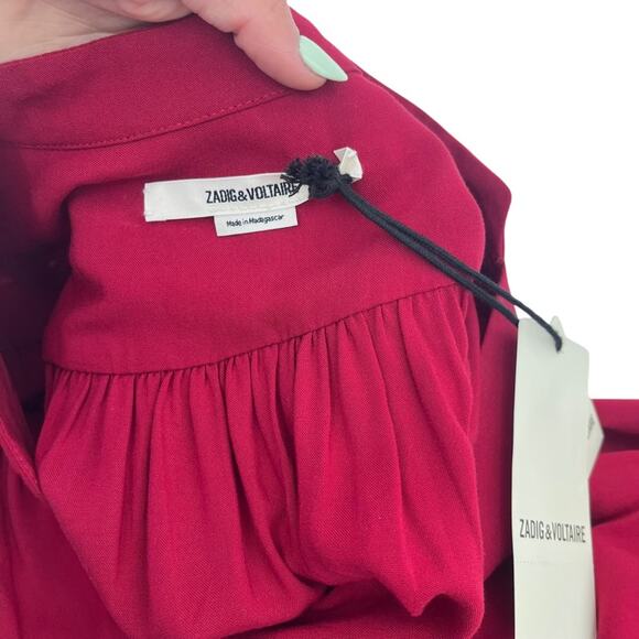ZADIG & VOLTAIRE Wine Red Mini Dress Long Sleeve V- Neck Cinch Waist Small NEW - Picture 12 of 16